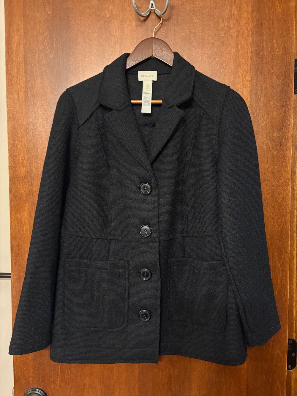 Chico's Black Women's Wool Blend Blazer w/ Raw Hem Seams & Patch Pockets - 0